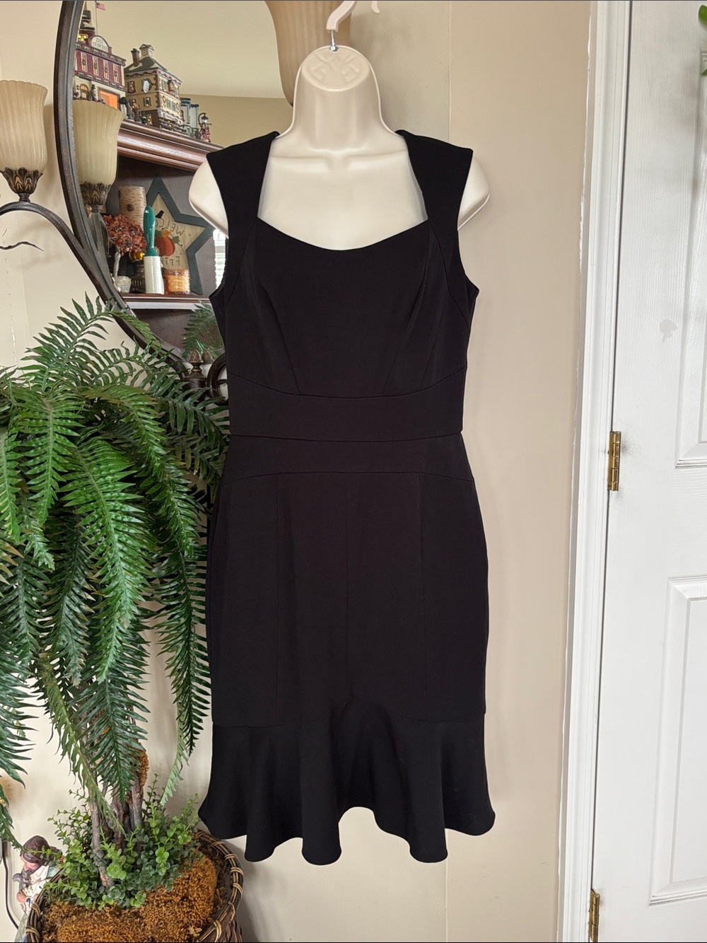 White House Black Market classic black sleeveless cocktail dress ruffle hem